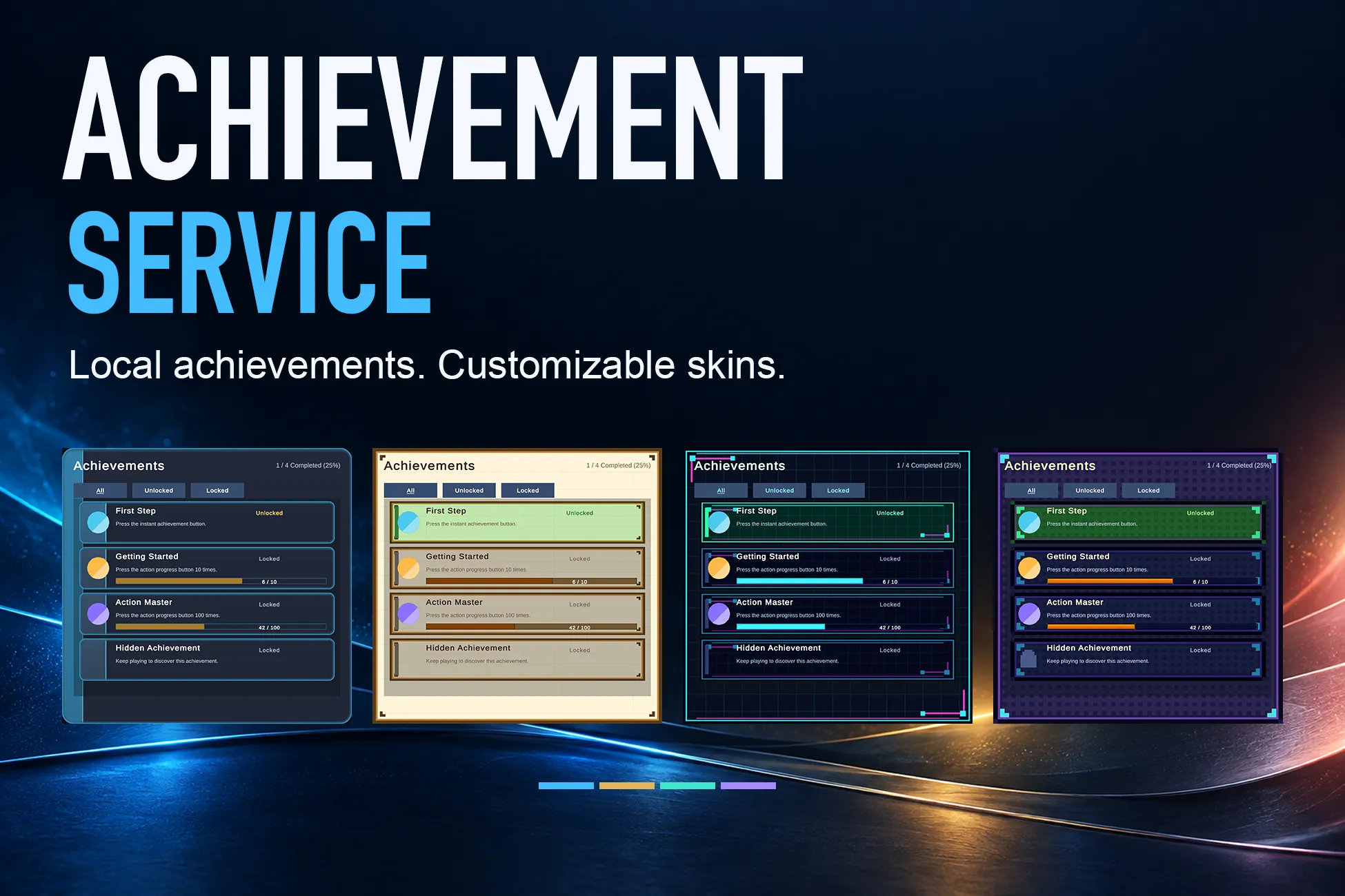 Achievement Service product artwork showing four achievement list skins