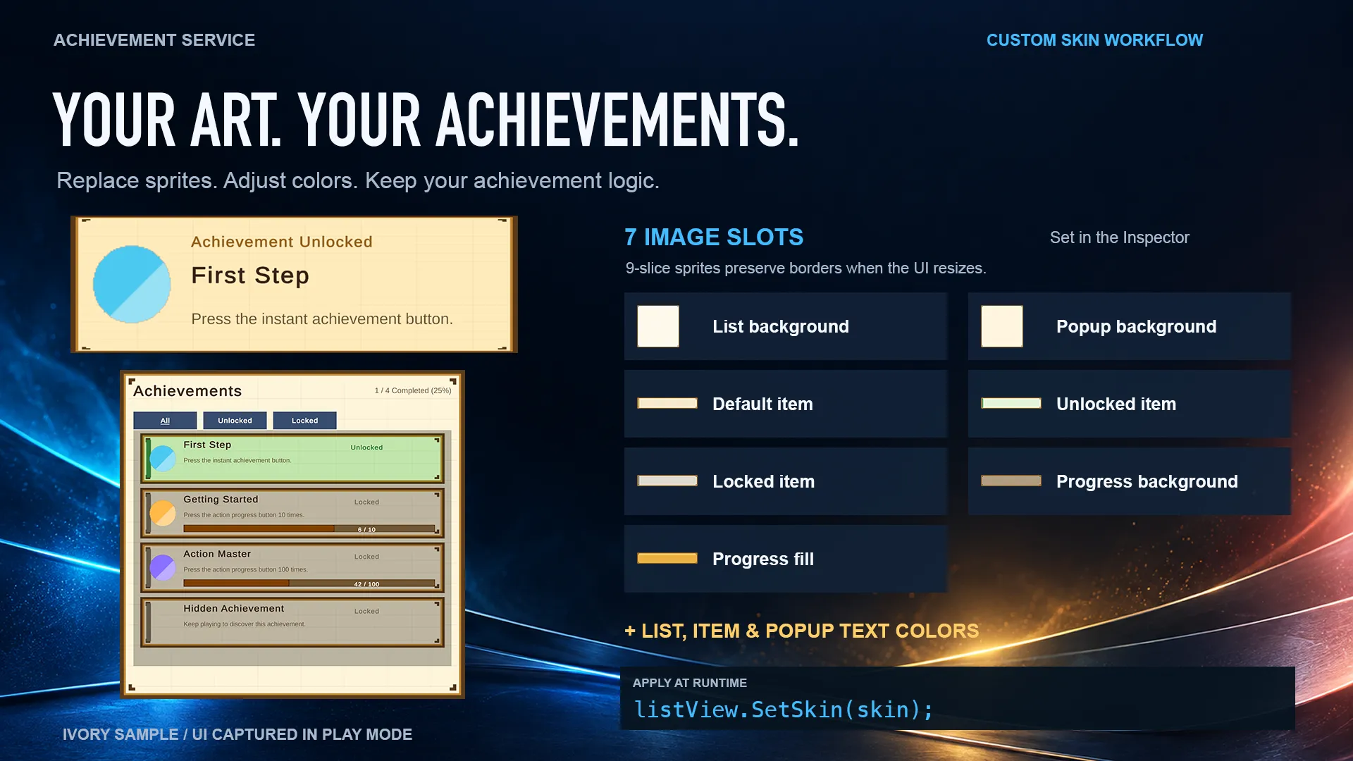 Achievement Service skin customization showing seven image slots and Inspector settings