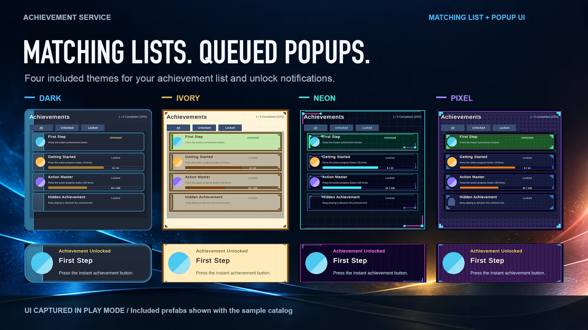 Dark, Ivory, Neon, and Pixel achievement lists with their matching unlock popups