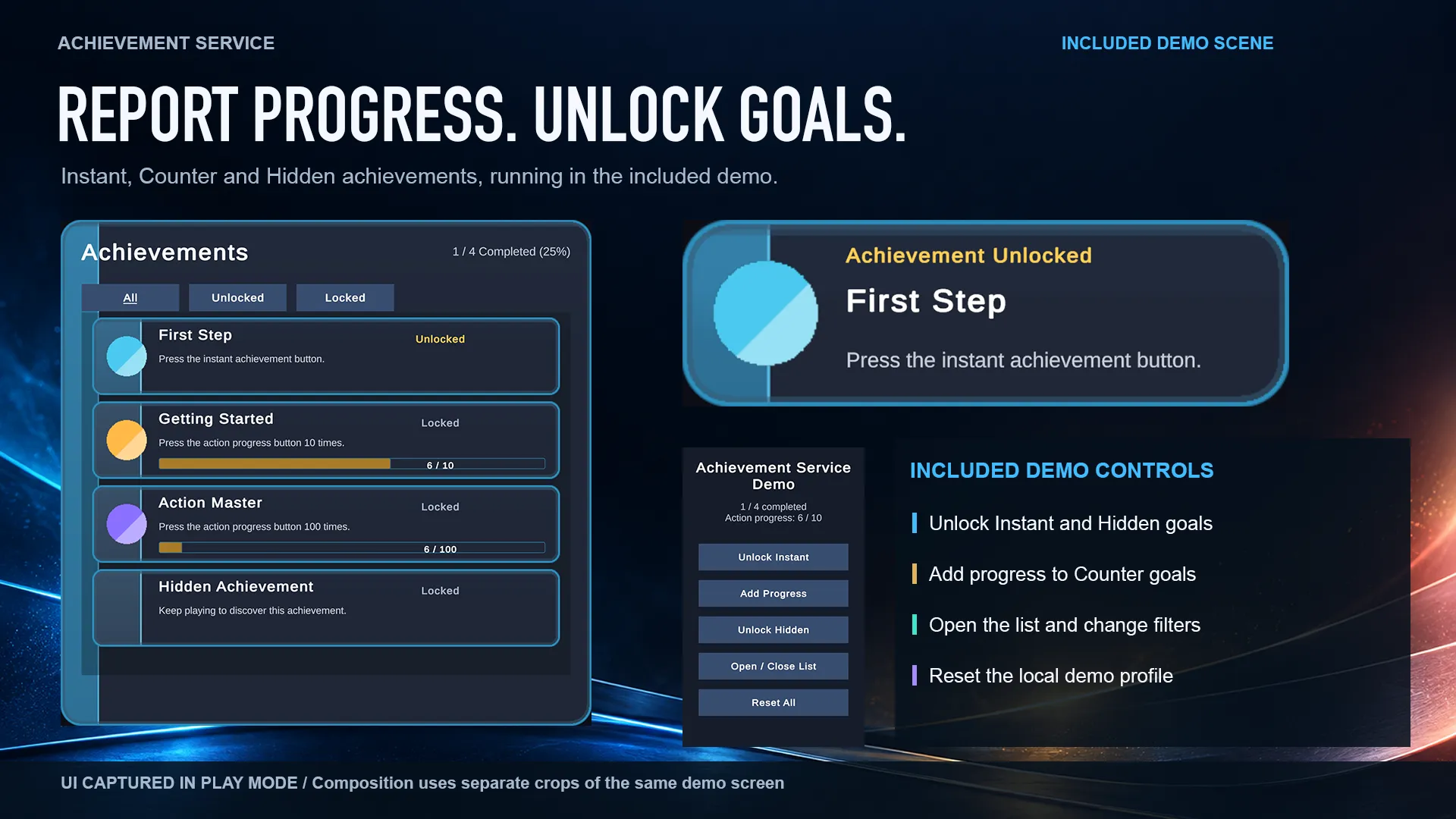 Achievement unlock popup running in the included Unity demo scene